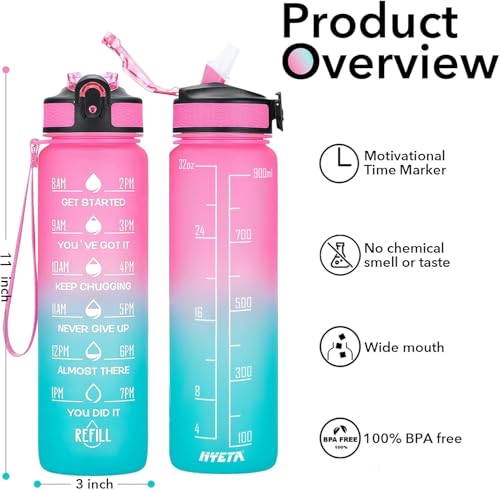Image of TEKCOOL Motivational 1L Capacity Pink Green Plastic Bottle with Straw | Leakproof, Durable, BPA-Free | Ideal for School /College /Office /Travel, Sports /Outdoor Activities /