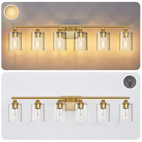 Image of 6-Light Gold Vanity Light,Bathroom Light Fixtures,Modern Brushed Brass Gold Wall Sconce Lighting,Bathroom Wall Lamp for Mirror Bedroom Living Room Vanity Table Hallway