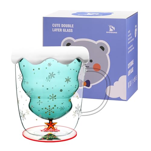 SHENDONG Tazas de café del árbol de navidad Tazas lindas con tapa Taza de té Taza de leche Vidrios con aislamiento de doble pared Taza de expreso Los mejores para mujeres Hombres