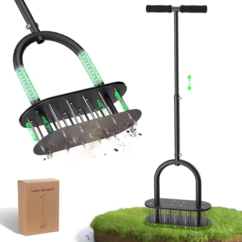 Onadak Lawn Aerator Automatic Dirt and Leaf Clean Design Pre-Assembled 15 Iron Spikes Metal Soil Lawn Aerating Tools for Yard Lawn and Garden lawn aerator spikes aerating tool