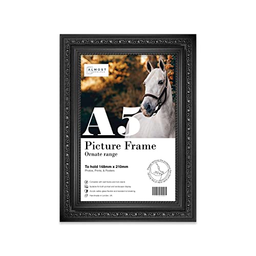 Almost Frameless A5 Black Ornate Picture Frame Fits A5 (14.8 x 21cm - 5.8 x 8.3in) Poster, Photo, Artwork, or Print. Antique Style Portrait and Landscape Display with Wall Hooks