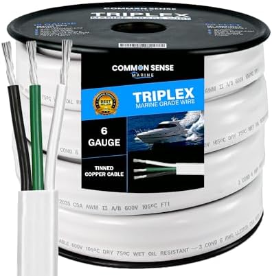 6/3 AWG UL 1426 (The Real Thing) Triplex Flat Marine Wire - Tinned Copper Boat Cable - 45 Feet - White PVC Jacket