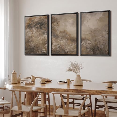 SIGNFORD Framed Canvas Print Wall Art Set Neutral Botanical Meadow Landscape Earth Tone Nature Illustrations Modern Art Relax/Calm for Living Room, Bedroom, Office - 24"x36"x3 Black - 2