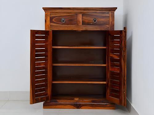 Image of Solid Sheesham Wood Multipurpose Shoe Rack | Cabinet for Living Room | Bedroom | Hall | Entryway | Home Furniture (Honey Finish)