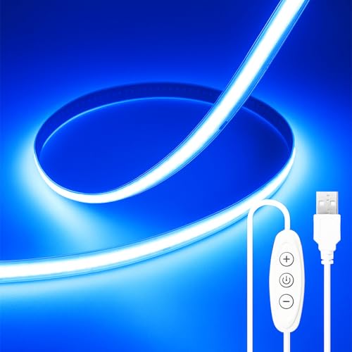 ShineBurky Blue COB Strip Light, 2M USB Powered Cuttable Tape Lights, 5V CRI93+ High Bright Self Adhesive Light for Boys Gaming Room Monitor Bedroom TV Backlight Bar Wine Fridge Garage Ceiling Decor