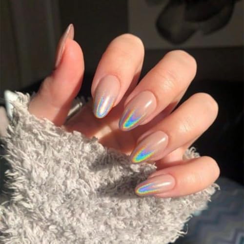 Image of 24 Pcs Reusable Artificial Nails Fake Nails with Glue and Kit |Holo Nude Muse Rainbow reflect Press On Nails | ABS Material UV Protected Long Lasting Finish | Reusable Customizable Nail Kit |Medium Almond Nails