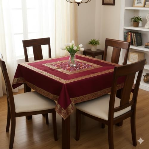Image of New Year Room Decor Embroidery Brocade Silk Table Cover for Centre & Dinning Table and 4 & 6 Seater Dining Table /Tablecloth, (50 By 50 Inches) (Maroon)