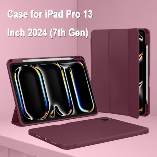 Image of ZryXal New iPad Pro 13 Inch Case (M5) 2025 / (M4) 2024 with Pencil Holder, Smart iPad Case [Support Pencil Pro and Pencil (USB-C)], Support Touch ID and Auto Wake /Sleep (Wine)