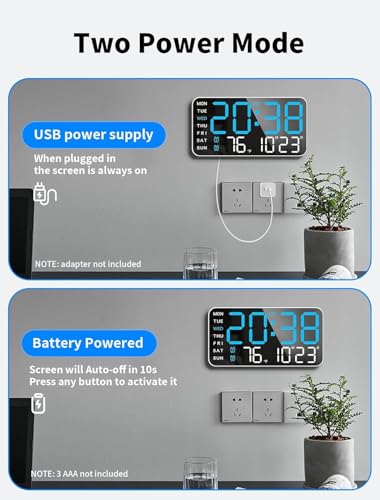 Image of EASEPRES Digital Wall Clock 9 inch LED Large Display, Electronic Wall Mounted & Desk Clock, Day Date Temperature Dual Alarm, 5-Level Adjustable Brightness, USB Powered for Bedroom Office Home (Blue)