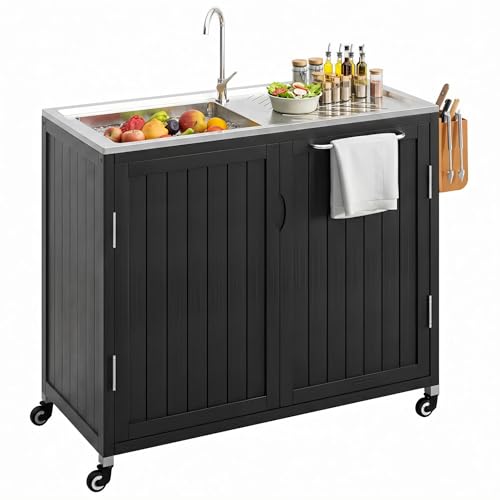 Outdoor Kitchen Island with 304 Stainless Steel Sink and Large Storage Cabinet,40-Inch BBQ Prep Station with Sink & 360 Lockable Wheels for Patio,Solid Wood Grill Cart，Backyard, Outdoor Party, Black