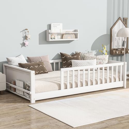 Image of Twin Size Kids Montessori Floor Bed,Twin Floor Bed Frame with Slats and Bookcase,Solid Wood Montessori Bed for Girls Boys,White