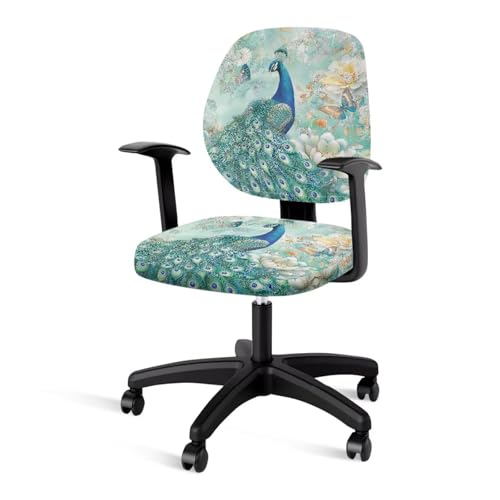 Xoenoiee Funda protectora para silla de oficina con estampado floral de pavo real, 2 piezas, funda de respaldo y asiento de silla, funda protectora de poliéster para silla de escritorio