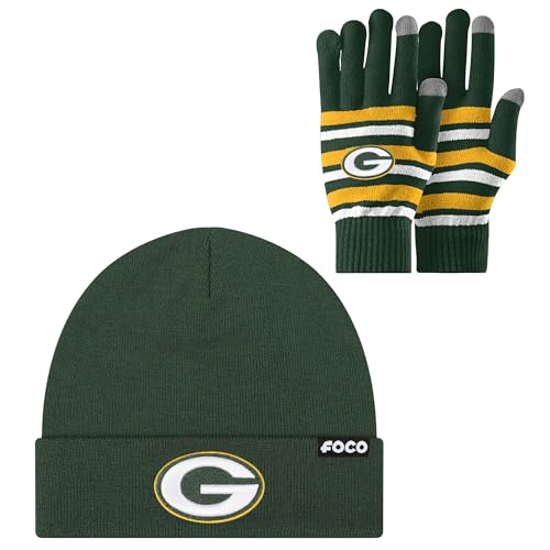 FOCO Green Bay Packers NFL Stretch Gloves & Basic Primary Logo Primary Color Beanie - Forrest - Bundle