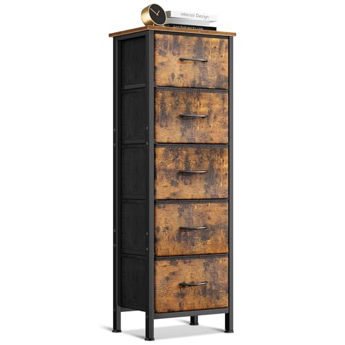 Coleshome Comoda Dormitorio, Comoda Estrecha y Alta con 5 Cajones de Tela, Estructura de Acero Resistente y Tablero de Madera, Ideal para Dormitorio y Salón, 40 x 30 x 120 cm, Vintage