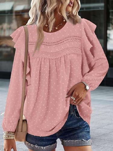 BETTE BOUTIK Womens Boho Fall Long Sleeve Shirts Crewneck Dressy Casual Blouses Trendy Flowy Tops