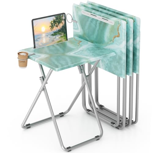 TV Trays Table Set of 4 Portable Folding TV Tray Table TV Dinner Tray with Sturdy MDF Small Folding Tables with Phone & Tablet Slot No Assembly Required 15 x 18.9 x 25.6 in (Sea Blue Marble 4Pcs)
