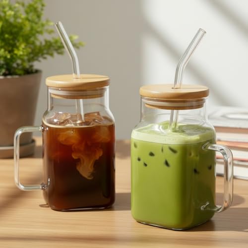 Image of ginoya brothers 600ml Mason Jar with Natural Bamboo Lid, Reusable Glass Straw & Handle | Leak-Proof Silicone Seal Glass Cup for Hot & Cold Beverages (PACK OF 2)