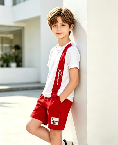 Image of Ayzozuy Boy Clothes Colorblock Top + Drawstring Waist Shorts 2 Pieces Kid Summer Outfits Set
