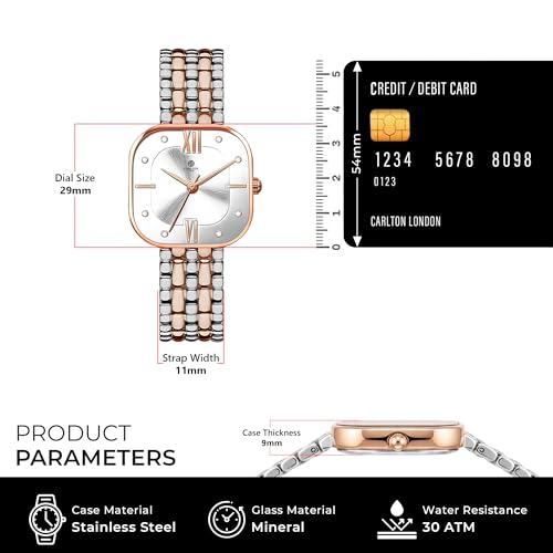 Image of Carlton London Chelsea Women Stainless Steel Analog Watch | Silver Waterproof Watches for Women Girls Ladies | Luxury Square Watch | Fashionable Trendy Quartz Movement Wrist Watch