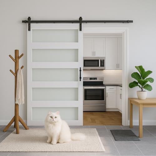 Image of S&Z TOPHAND 46in x 80in Glass Sliding MDF Barn Door with Sliding Door Hardware Kit, 5 Tempered Frosted Glass, Slab Inside Covered with Water-Proof PVC Surface, Simple DIY Assembly