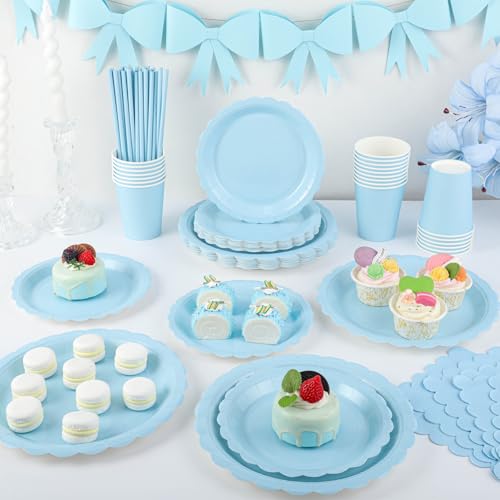NatNarr 125 StüCk Partygeschirr Set für 25 Gäste, Partygeschirr Blau inklusive Geburtstag Teller Set, Becher, Servietten und Papierstrohhalme für Geburtstag Hochzeiten Babypartys
