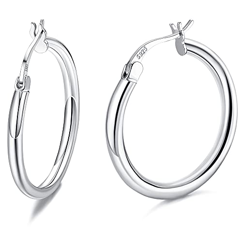Milacolato 925 Sterling Silver Hoop Earrings for Women 18K White Gold Plated 2.5mm Chunky Huggie Hoop Earrings Hypoallergenic Lightweight Round-Tube Circle Small Big Hoop Earrings 13/15/20/25/30/40/50/60mm