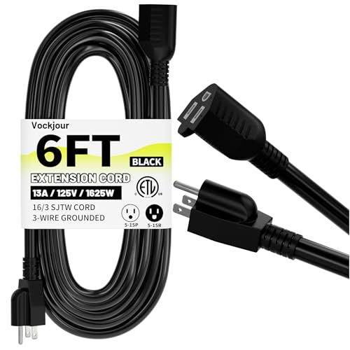 16/3 Black Indoor Outdoor Extension Cord 6 Ft Waterproof, Extension Cord with 3 Prong Grounded...