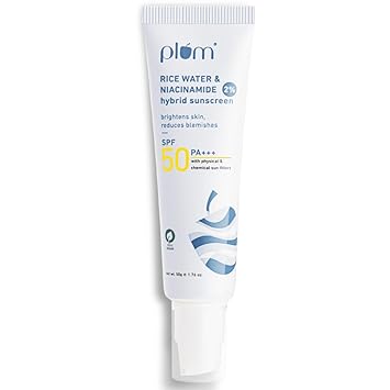 Plum 2% Niacinamide Sunscreen SPF 50 PA++++ With Rice Water | 4-hr Water Resistant | 3x Tan Reduction & Brightens | No White Cast, Lightweight, Non-Sticky | Dermatologically Tested | All Skin Types | Women & Men | 100% Vegan | 50g - image, photos