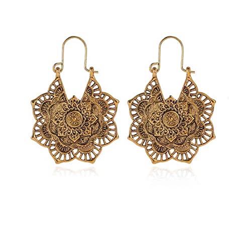 Yheakne Boho Boucles d'oreilles fleur mandala Boucles d'oreilles pendantes en or Boucles d'oreilles tribales Boucles d'oreilles ethniques vintage Bijoux pour femmes et filles (Or)