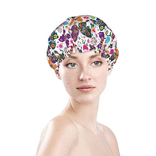 Kadiman Colorful Butterflies And Flowers Large Shower Caps with Elastic Band for Women Reusable Double Layer Waterproof Bath Cap Soft EVA Lined Hair Bonnet for Long Hair, One Size