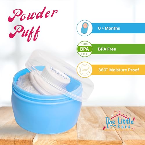 Image of THE LITTLE LOOKERS Portable Baby Skin Care Baby Powder Puff with Box Holder Container for New Born Baby Face and Body (Blue')