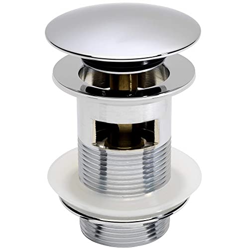 VeeBath Basin Sink Waste Modern Full Dome Pop Up Click Clack Sprung Plug Slotted with Overflow- Chrome