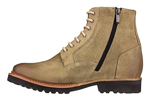 CALTO Men's Invisible Height Increasing Elevator Shoes - Olive Green Nubuck Leather Lace-up/Zip-up Casual Boots - 3.0 Inches Taller - K24402 - Size 10 D(M) US3