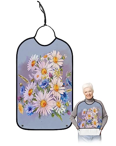 Daisy Flower Adult Bib for Eating with Crumb Catcher,Washable & Waterproof Terry Cloth Adjustable Elderly Women Men Adult Bibs Funny Apron Clothing Protector Modern Minimalist Painting Aesthetics Art