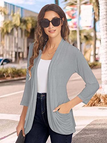 Image of Women Casual Lightweight Cardigan 3 /4 Sleeve Draped Open Front Soft Cardigans with Pockets