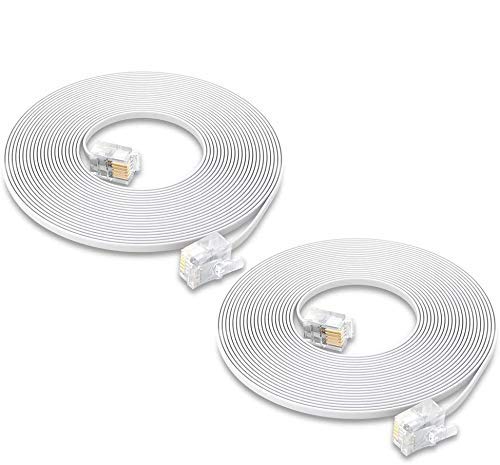MAOZHOU 6m White Flat Telephone Extension Cable for Landline Fax, Modem - 6P4C to 8P8C Connector, 6 meters