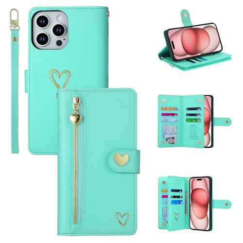 HAOFUGUI Funda Tipo Cartera para Samsung Galaxy S5, Corazón Case con Ranuras para Tarjetas/Correa de muñeca/Soporte/Cierre magnético Funda de Piel sintética Flip Case Cian