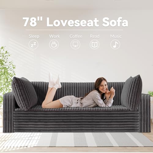Image of HABUTWAY 78 inch Loveseat Boneless Couch, 4-in-1 Convertible Sofa Bed, Plush Fur Folding Futon Sofa Bed Couches with 2 Pillows for Living Room, High-Density Foam Support, No Assembly Required, Grey