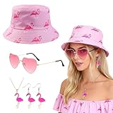 5 Stück Set Fischerhut Lustig, Malle Accessoires, Pinker Flamingo Hut mit Herz Brille Halskette Ohrringe, Malle Outfit Damen Flamingo Geschenk, Sommer Party Festival Outfit für Damen JGA Karneval