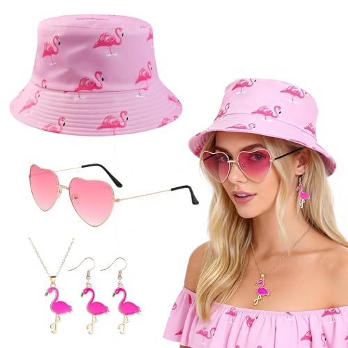 RAOPNHS Lot de 5 chapeaux de pêcheur amusants et accessoires - Chapeau flamant rose avec lunettes en forme de cœur - Collier et boucles d'oreilles - Tenue d'été pour femme - JGA - Carnaval