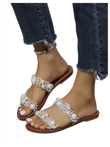 Verdusa Women's Pearls Clear Flat Sandals Open Toe Slip On Slides4