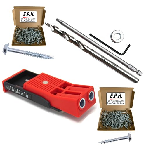 E.P.H. Pocket Hole Starter Kit + 200 Pocket Hole Screws - Twin Hole Jig Drill Bit 150mm #2 Driver