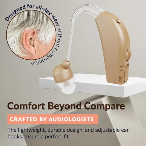 Image of Aika AG-7311 Rechargeable Hearing Aid Amplifier Machine For Old Age with Auto Noise Reduction Features, Full-on Acoustic Gain 38db with Free Dry Kit (1 Piece, Beige, Single Ear)