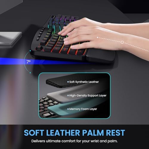 COLIKES Wireless Ergonomic Keyboard, Backlit Keyboard Silent with 15 RGB Lighting Effects, Leather Wrist Rest, 2500mAh Rechargeable, Multimedia Keys, Wave Keyboard for PC Computer Laptop Windows Mac