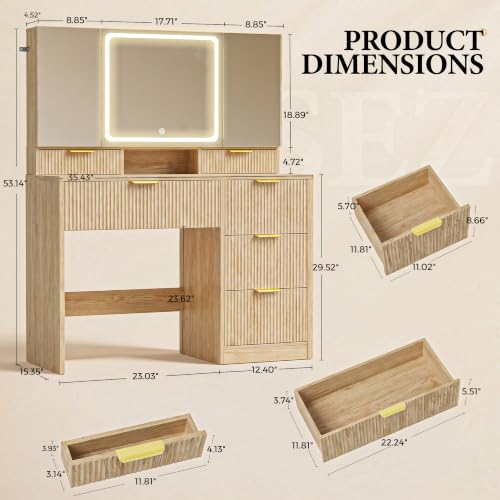 Image of COMHOMA Vanity Desk with 3-Way Mirror and Lights, Makeup Vanity with 360 View Mirror, 3 Lighting Modes, 6 Drawers,Storage Cabinet Fluted Wood Vanity Table with Jewelry Hook for Women Girls
