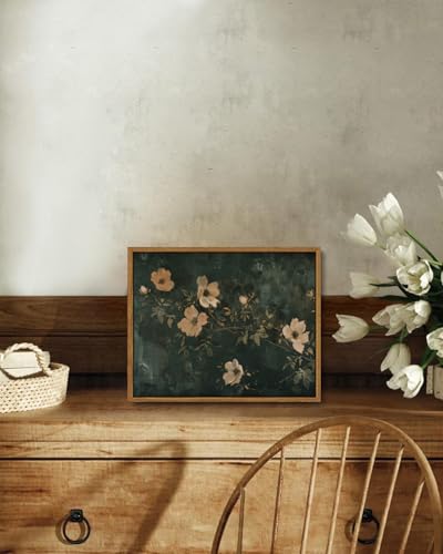 Image of KISSFOX Framed Wall Art Vintage Wall Art Flowers Canvas Art Dark Green Pictures Floral Paintings Moody Artwork Farmhouse Prints For Bedroom Kitchen Living Room