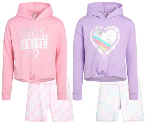 Rbx Girls' Active Shorts Set - 4 Piece Fleece Crop Hoodie Sweatshirt And Bike Shorts (4-12), Size 6-7, Pink/Lavender Love #TOP7