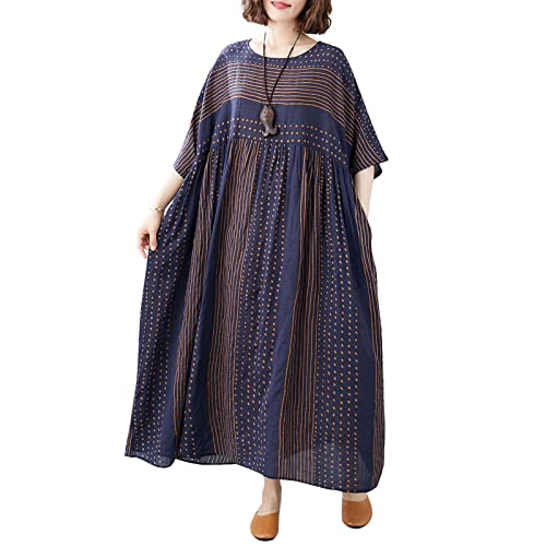 Moochy Vestido feminino vintage de linho de algodão com estampa listrada O pescoço, meia manga, bols