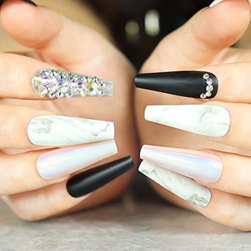 Extra Long Coffin Press on Nails Matte Rhinestone Marble Fake Nails with Metallic Mirror Design 30Pcs Acrylic Ballerina Artificial False Nail Tips for Women and Girls (White & Black)