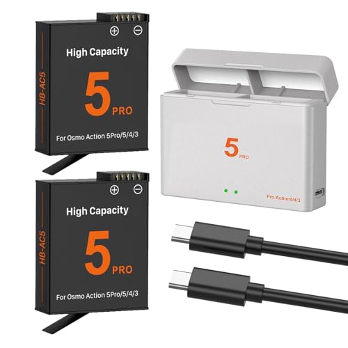 TQTHL OSMO Action 5 Pro/4/3 Battery Charger Kit 2-Pack 2800mAh replacement batteries Type C USB dual-channel LED charger for OSMO Action 5 Pro/OSMO Action 4/OSMO Action 3(2 x battery + 1 x charging)